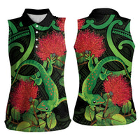 New Zealand Gecko Women Sleeveless Polo Shirt Aotearoa Maori With Pohutukawa Flowers LT14 - Polynesian Pride
