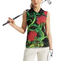 New Zealand Gecko Women Sleeveless Polo Shirt Aotearoa Maori With Pohutukawa Flowers LT14 - Polynesian Pride