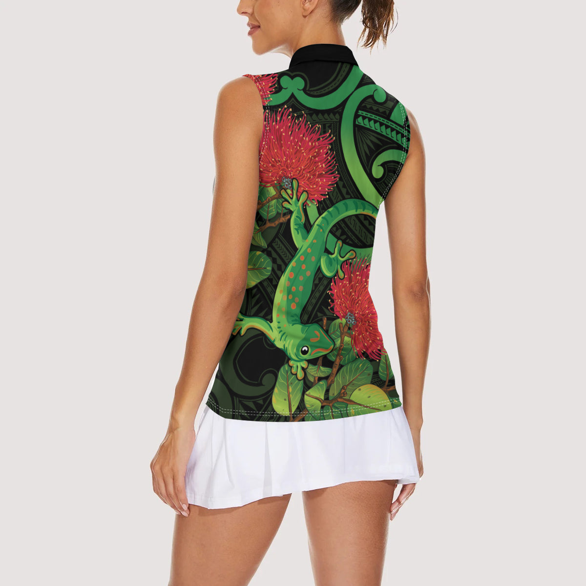 New Zealand Gecko Women Sleeveless Polo Shirt Aotearoa Maori With Pohutukawa Flowers LT14 - Polynesian Pride