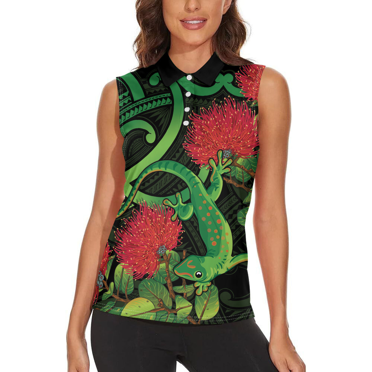 New Zealand Gecko Women Sleeveless Polo Shirt Aotearoa Maori With Pohutukawa Flowers LT14 - Polynesian Pride