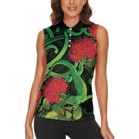 New Zealand Gecko Women Sleeveless Polo Shirt Aotearoa Maori With Pohutukawa Flowers LT14 - Polynesian Pride