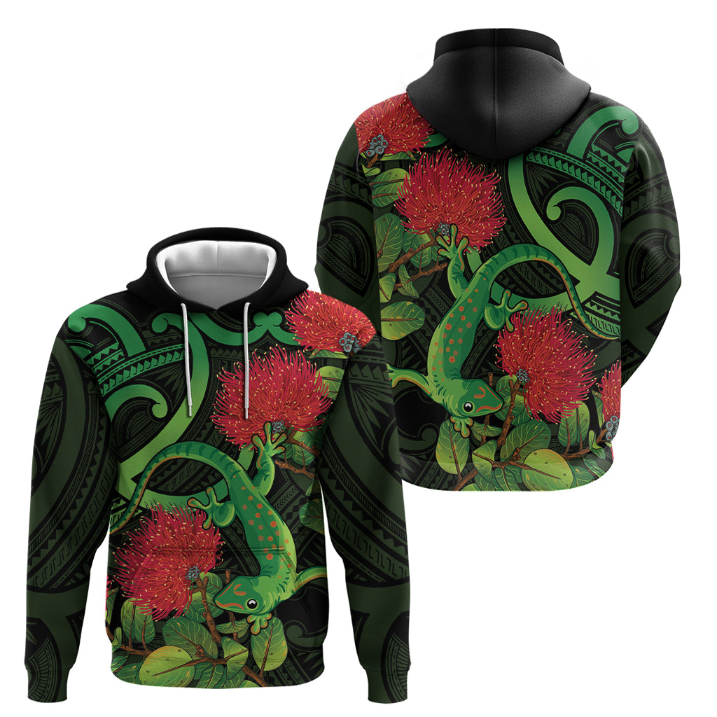 New Zealand Gecko Zip Hoodie Aotearoa Maori With Pohutukawa Flowers LT14 - Polynesian Pride