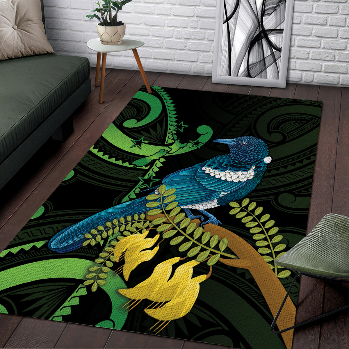 New Zealand Tui Bird Area Rug Aotearoa Maori With Kowhai Flowers LT14 Black - Polynesian Pride