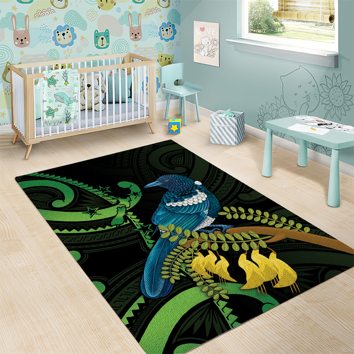 New Zealand Tui Bird Area Rug Aotearoa Maori With Kowhai Flowers LT14 - Polynesian Pride