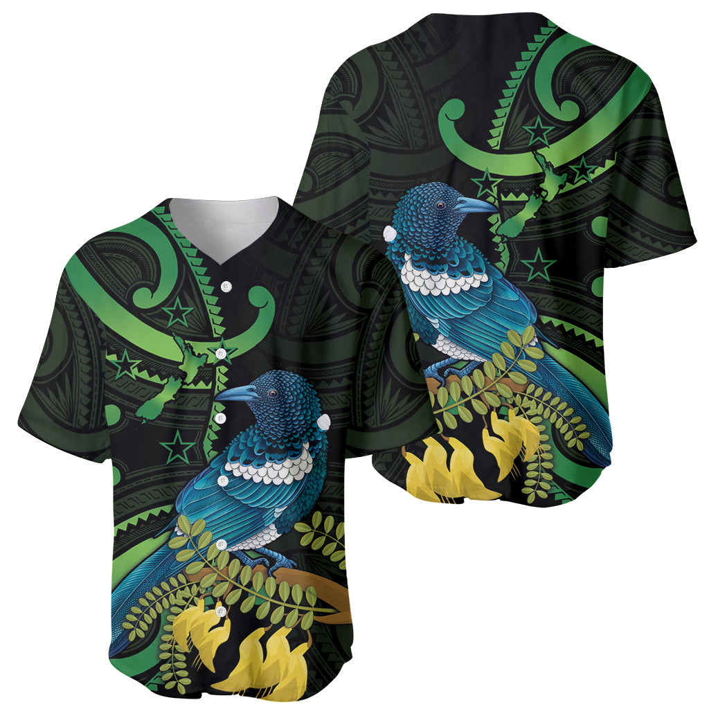 New Zealand Tui Bird Baseball Jersey Aotearoa Maori With Kowhai Flowers LT14 - Polynesian Pride