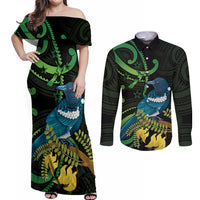 New Zealand Tui Bird Couples Matching Off Shoulder Maxi Dress and Long Sleeve Button Shirt Aotearoa Maori With Kowhai Flowers LT14 Black - Polynesian Pride