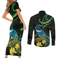 New Zealand Tui Bird Couples Matching Short Sleeve Bodycon Dress and Long Sleeve Button Shirt Aotearoa Maori With Kowhai Flowers LT14 - Polynesian Pride