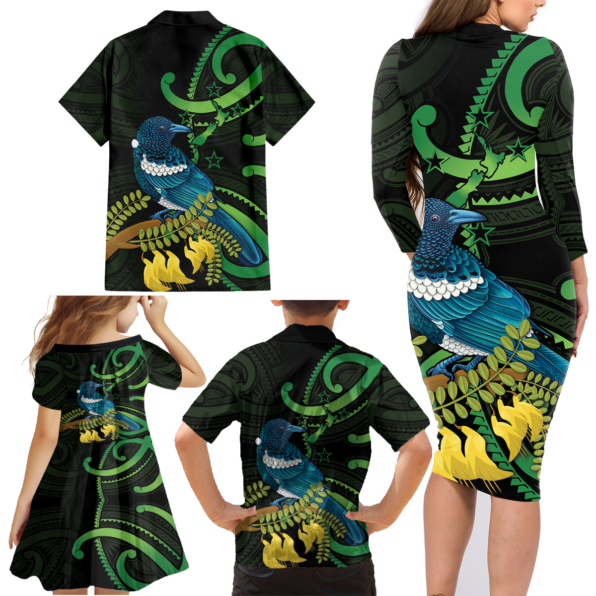 New Zealand Tui Bird Family Matching Long Sleeve Bodycon Dress and Hawaiian Shirt Aotearoa Maori With Kowhai Flowers LT14 - Polynesian Pride
