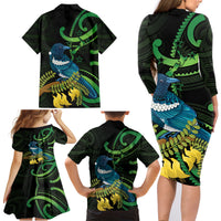 New Zealand Tui Bird Family Matching Long Sleeve Bodycon Dress and Hawaiian Shirt Aotearoa Maori With Kowhai Flowers LT14 - Polynesian Pride