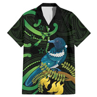 New Zealand Tui Bird Family Matching Mermaid Dress and Hawaiian Shirt Aotearoa Maori With Kowhai Flowers LT14 Dad's Shirt - Short Sleeve Black - Polynesian Pride