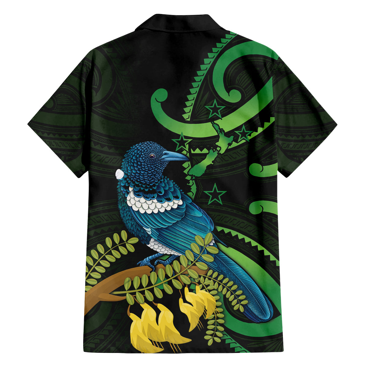 New Zealand Tui Bird Family Matching Off The Shoulder Long Sleeve Dress and Hawaiian Shirt Aotearoa Maori With Kowhai Flowers LT14 - Polynesian Pride