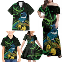 New Zealand Tui Bird Family Matching Off Shoulder Maxi Dress and Hawaiian Shirt Aotearoa Maori With Kowhai Flowers LT14 - Polynesian Pride