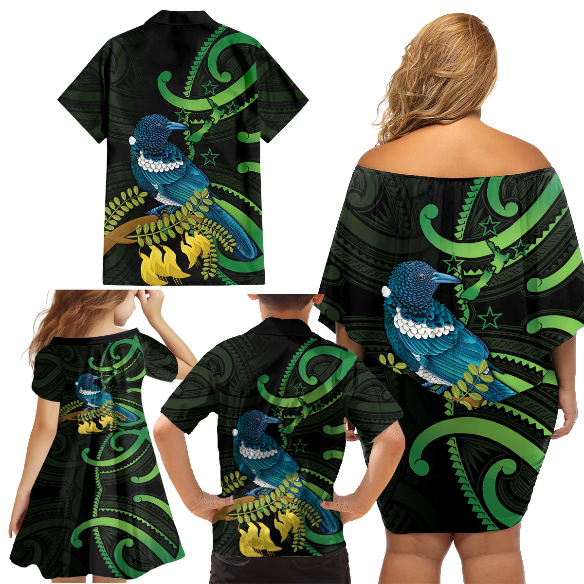 New Zealand Tui Bird Family Matching Off Shoulder Short Dress and Hawaiian Shirt Aotearoa Maori With Kowhai Flowers LT14 - Polynesian Pride