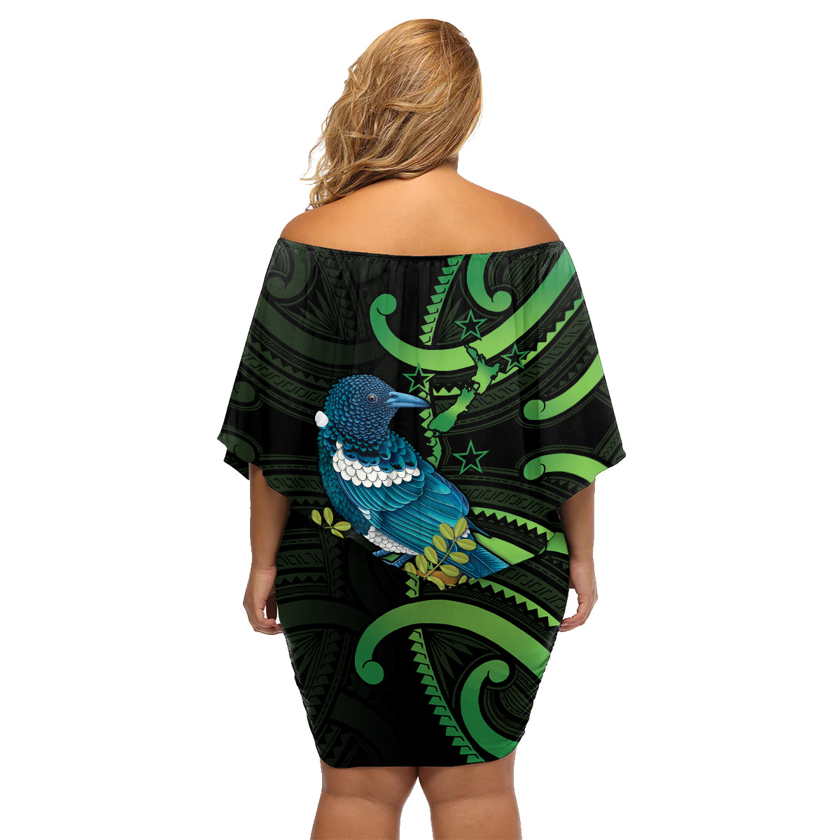 New Zealand Tui Bird Family Matching Off Shoulder Short Dress and Hawaiian Shirt Aotearoa Maori With Kowhai Flowers LT14 - Polynesian Pride