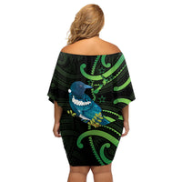 New Zealand Tui Bird Family Matching Off Shoulder Short Dress and Hawaiian Shirt Aotearoa Maori With Kowhai Flowers LT14 - Polynesian Pride