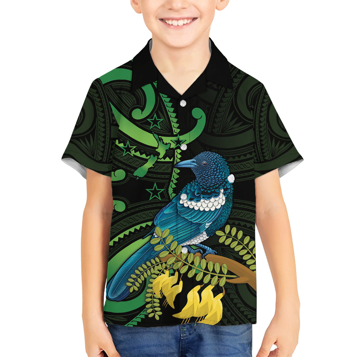New Zealand Tui Bird Family Matching Off Shoulder Short Dress and Hawaiian Shirt Aotearoa Maori With Kowhai Flowers LT14 Son's Shirt Black - Polynesian Pride