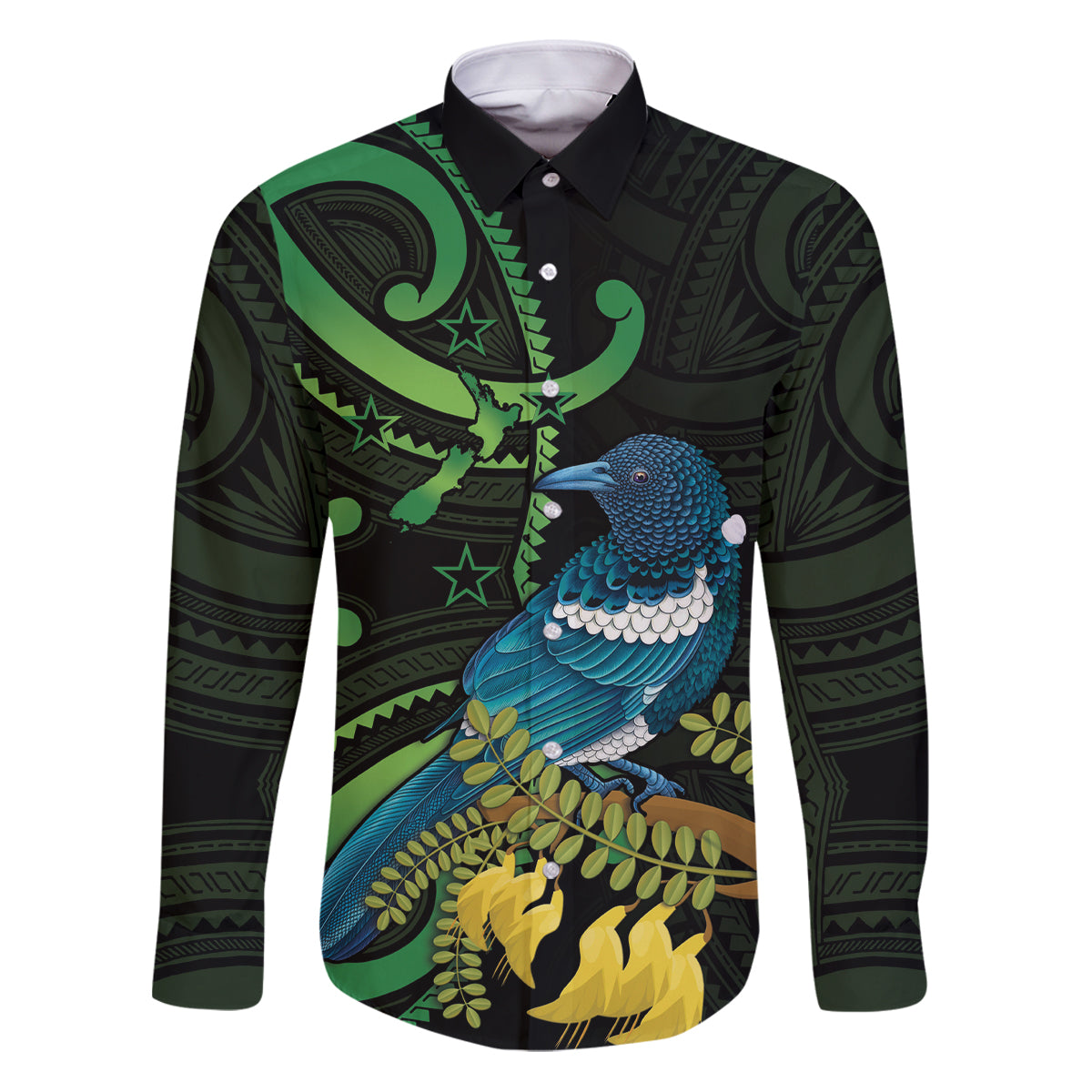 New Zealand Tui Bird Family Matching Puletasi and Hawaiian Shirt Aotearoa Maori With Kowhai Flowers LT14 Dad's Shirt - Long Sleeve Black - Polynesian Pride