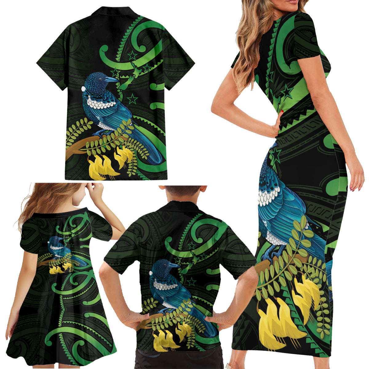 New Zealand Tui Bird Family Matching Short Sleeve Bodycon Dress and Hawaiian Shirt Aotearoa Maori With Kowhai Flowers LT14 - Polynesian Pride