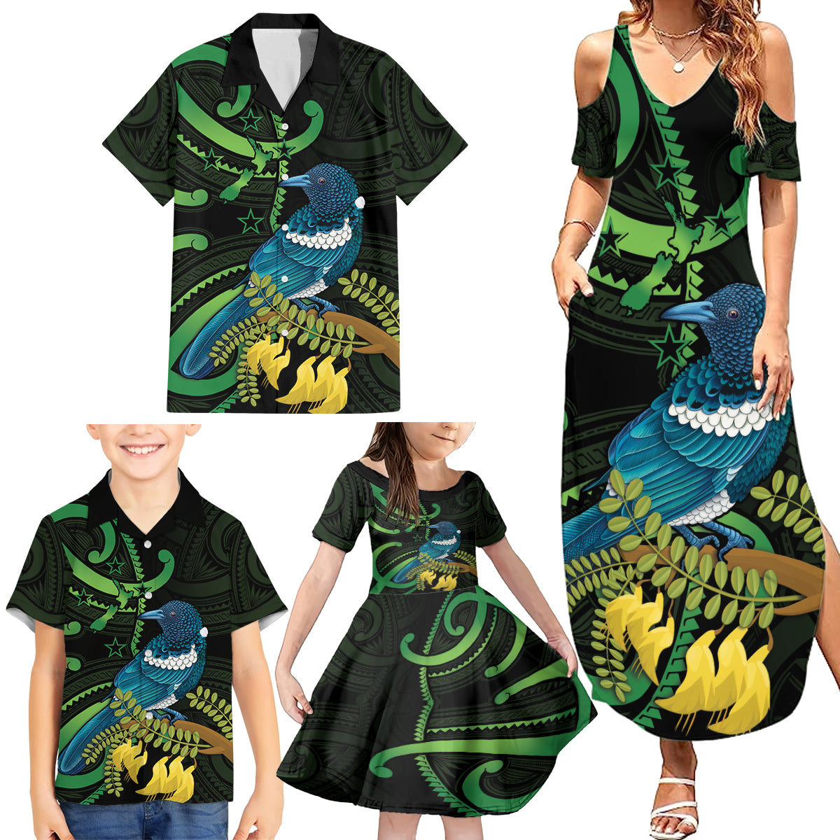 New Zealand Tui Bird Family Matching Summer Maxi Dress and Hawaiian Shirt Aotearoa Maori With Kowhai Flowers LT14 - Polynesian Pride