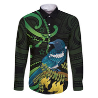 New Zealand Tui Bird Family Matching Summer Maxi Dress and Hawaiian Shirt Aotearoa Maori With Kowhai Flowers LT14 Dad's Shirt - Long Sleeve Black - Polynesian Pride