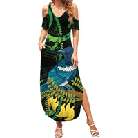 New Zealand Tui Bird Family Matching Summer Maxi Dress and Hawaiian Shirt Aotearoa Maori With Kowhai Flowers LT14 Mom's Dress Black - Polynesian Pride