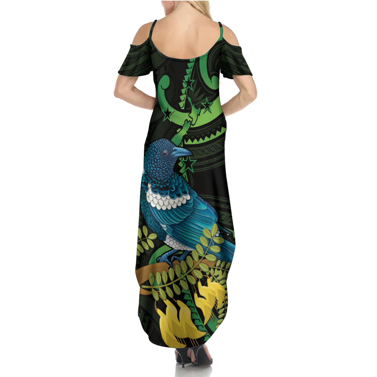 New Zealand Tui Bird Family Matching Summer Maxi Dress and Hawaiian Shirt Aotearoa Maori With Kowhai Flowers LT14 - Polynesian Pride