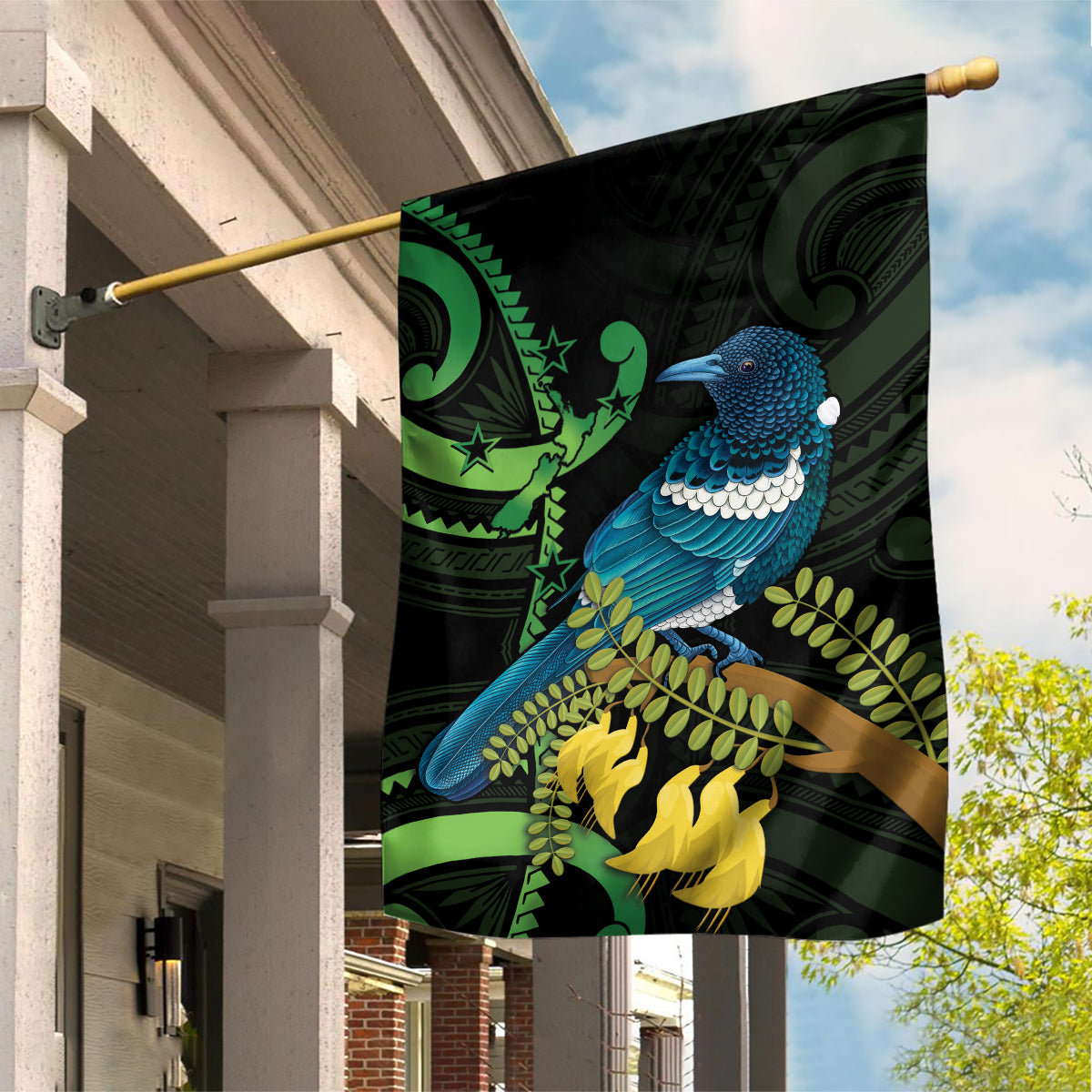 New Zealand Tui Bird Garden Flag Aotearoa Maori With Kowhai Flowers LT14 House Flag Black - Polynesian Pride