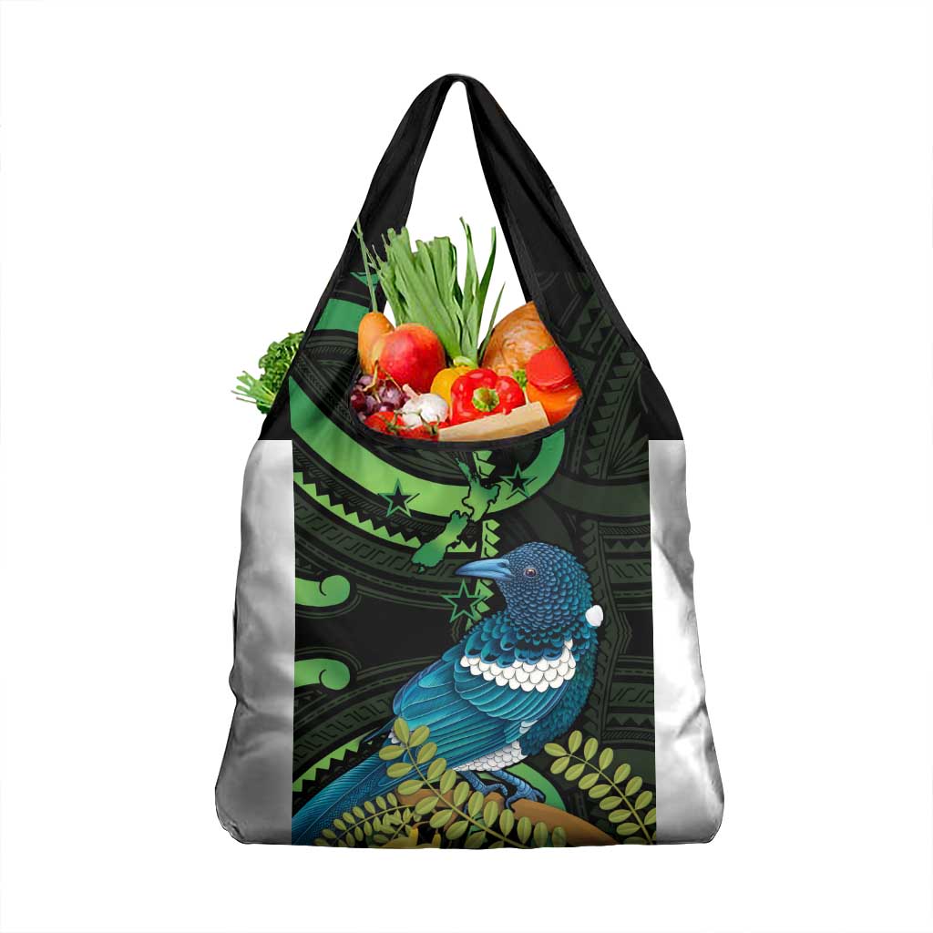 New Zealand Tui Bird Grocery Bag Aotearoa Maori With Kowhai Flowers LT14 1-pack One Size Black - Polynesian Pride