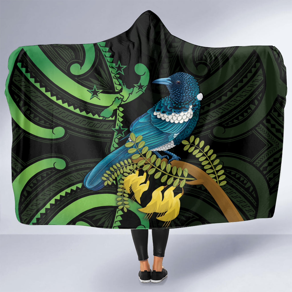 New Zealand Tui Bird Hooded Blanket Aotearoa Maori With Kowhai Flowers LT14 - Polynesian Pride