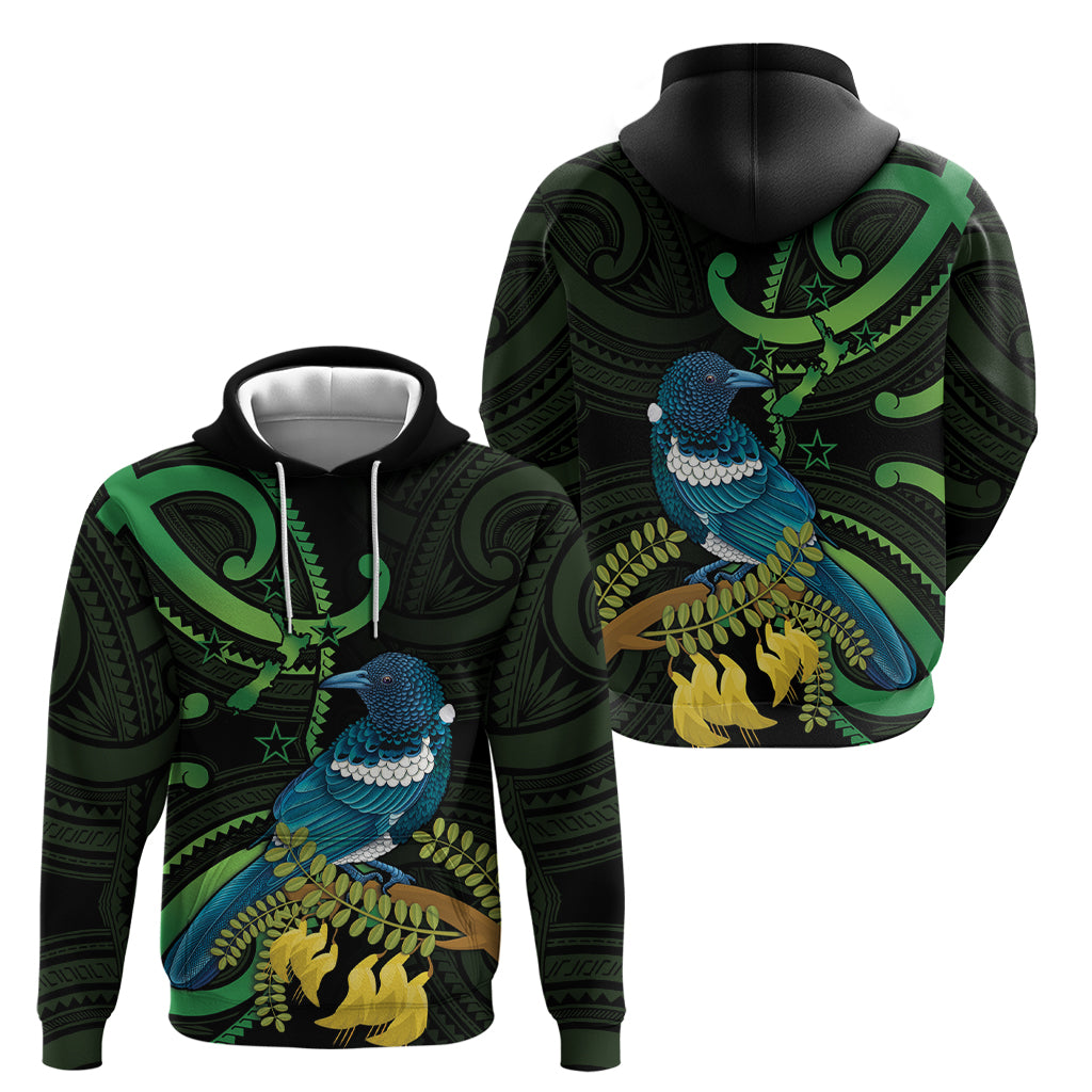 New Zealand Tui Bird Hoodie Aotearoa Maori With Kowhai Flowers LT14 - Polynesian Pride