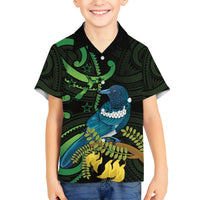 New Zealand Tui Bird Kid Hawaiian Shirt Aotearoa Maori With Kowhai Flowers LT14 Kid Black - Polynesian Pride