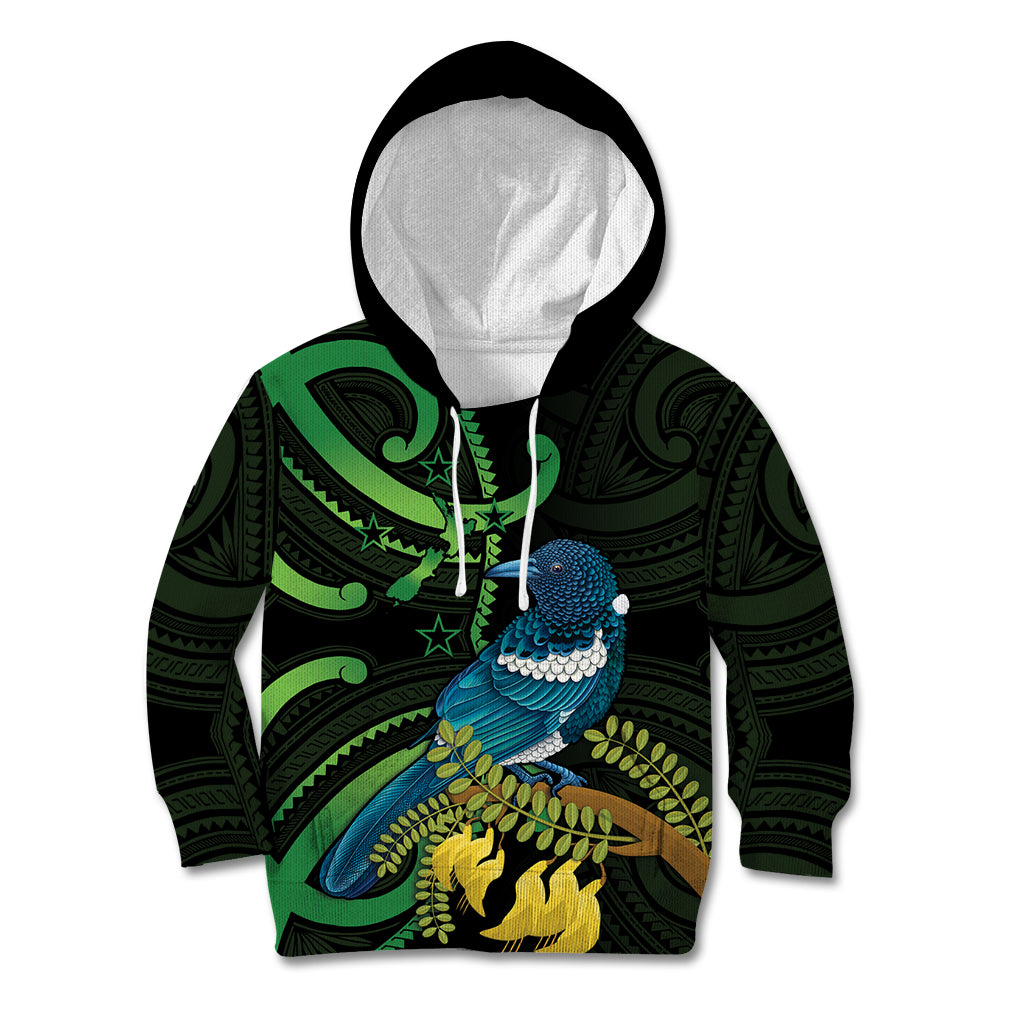 New Zealand Tui Bird Kid Hoodie Aotearoa Maori With Kowhai Flowers LT14 Hoodie Black - Polynesian Pride