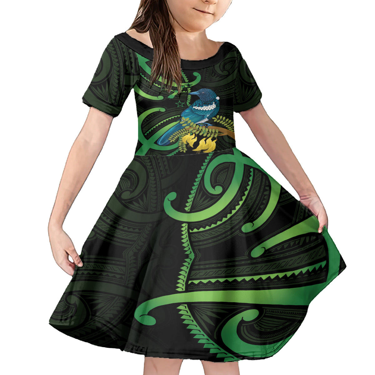 New Zealand Tui Bird Kid Short Sleeve Dress Aotearoa Maori With Kowhai Flowers LT14 KID Black - Polynesian Pride