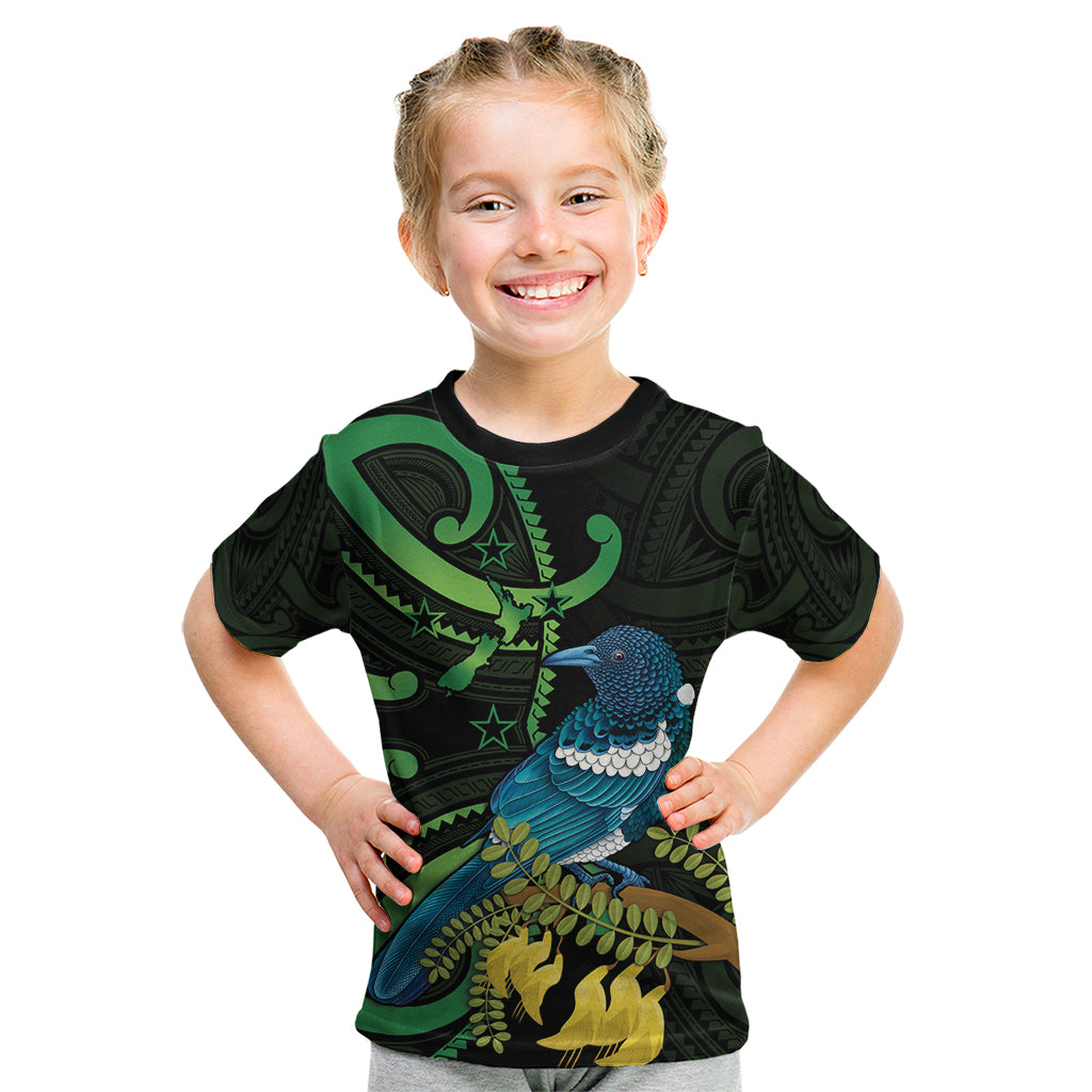 New Zealand Tui Bird Kid T Shirt Aotearoa Maori With Kowhai Flowers LT14 Black - Polynesian Pride