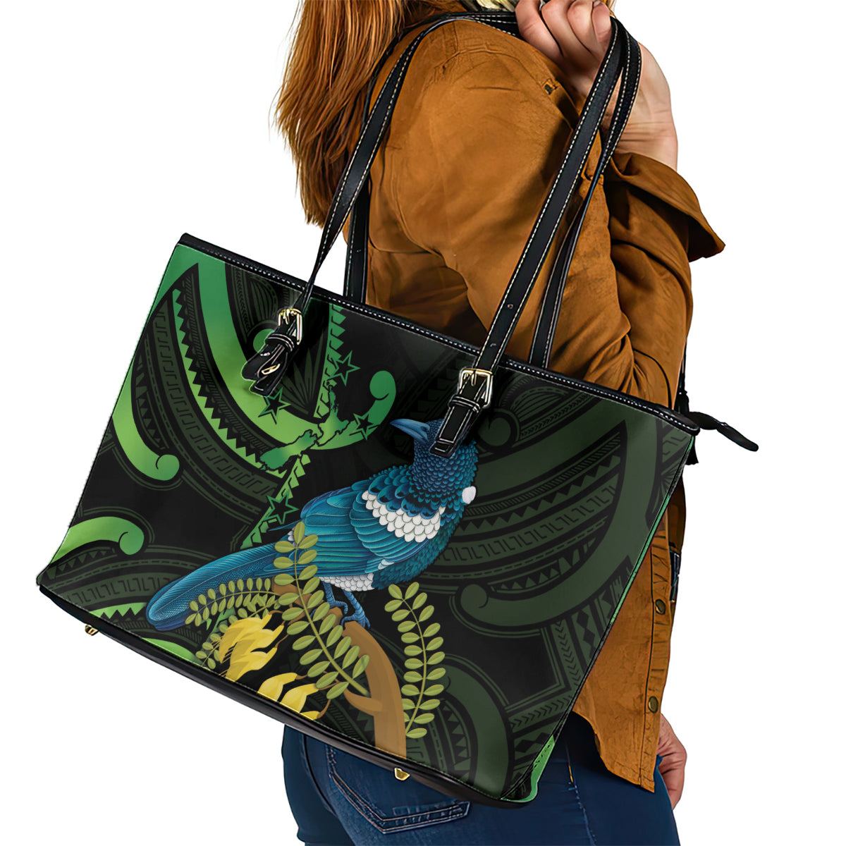 New Zealand Tui Bird Leather Tote Bag Aotearoa Maori With Kowhai Flowers LT14 - Polynesian Pride