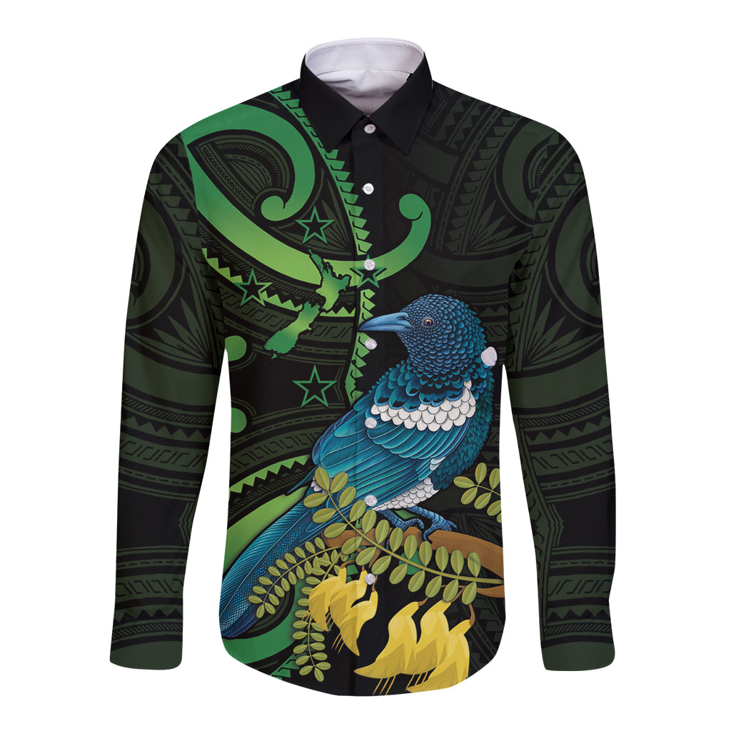 New Zealand Tui Bird Long Sleeve Button Shirt Aotearoa Maori With Kowhai Flowers LT14 Unisex Black - Polynesian Pride
