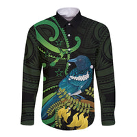 New Zealand Tui Bird Long Sleeve Button Shirt Aotearoa Maori With Kowhai Flowers LT14 Unisex Black - Polynesian Pride