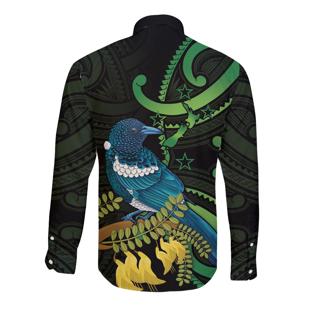 New Zealand Tui Bird Long Sleeve Button Shirt Aotearoa Maori With Kowhai Flowers LT14 - Polynesian Pride