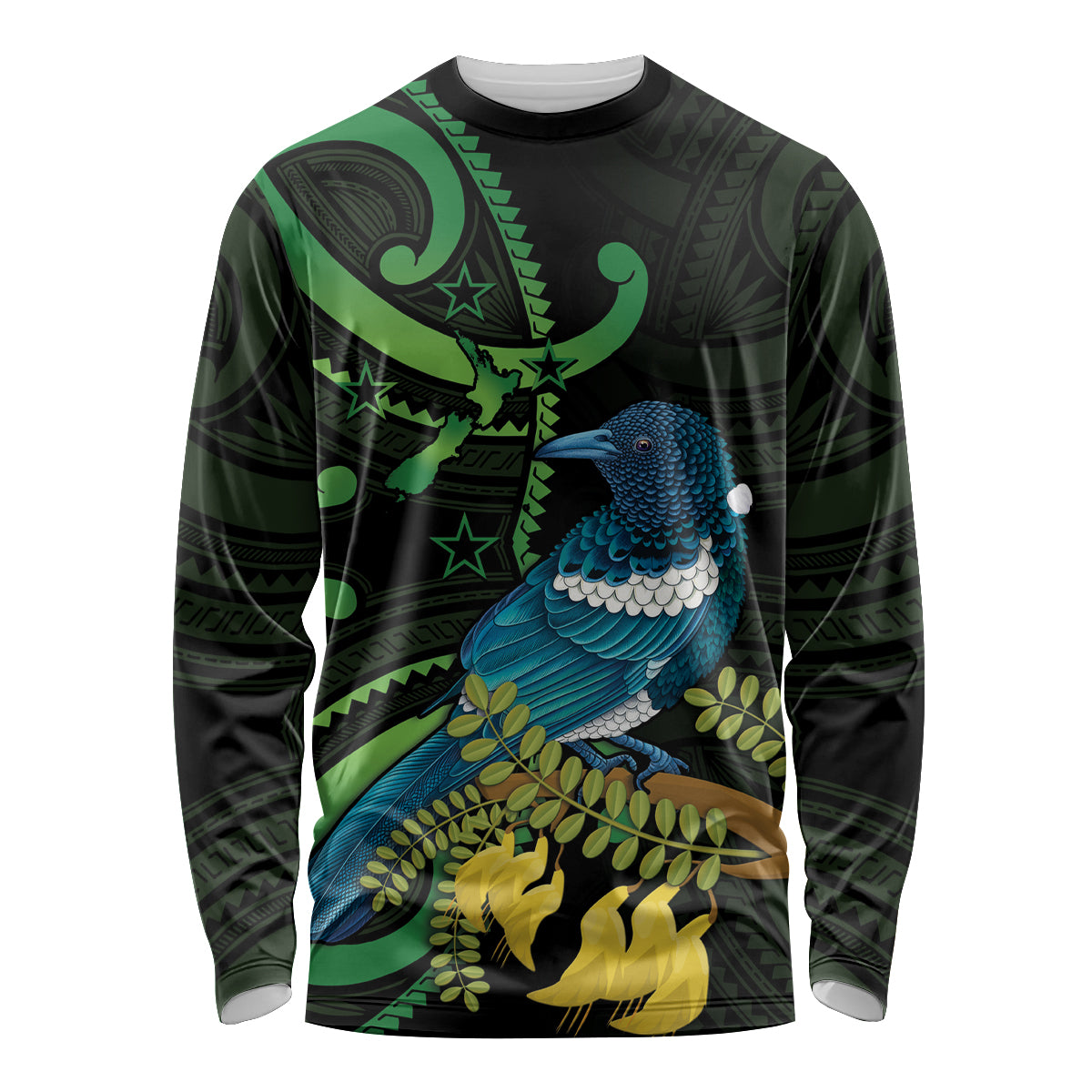 New Zealand Tui Bird Long Sleeve Shirt Aotearoa Maori With Kowhai Flowers LT14 Unisex Black - Polynesian Pride