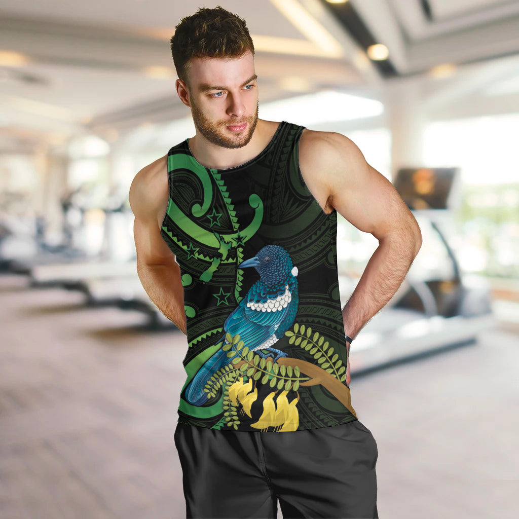 New Zealand Tui Bird Men Tank Top Aotearoa Maori With Kowhai Flowers LT14 Black - Polynesian Pride
