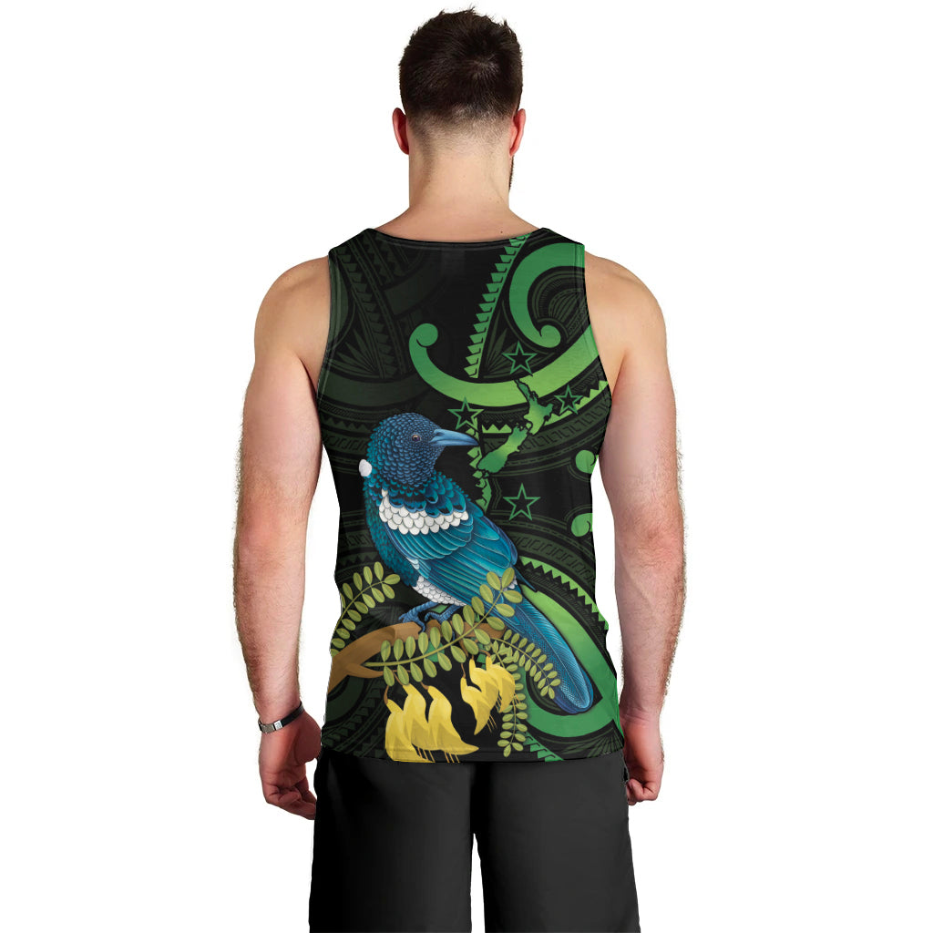 New Zealand Tui Bird Men Tank Top Aotearoa Maori With Kowhai Flowers LT14 - Polynesian Pride