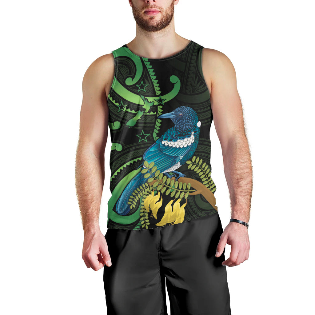New Zealand Tui Bird Men Tank Top Aotearoa Maori With Kowhai Flowers LT14 - Polynesian Pride
