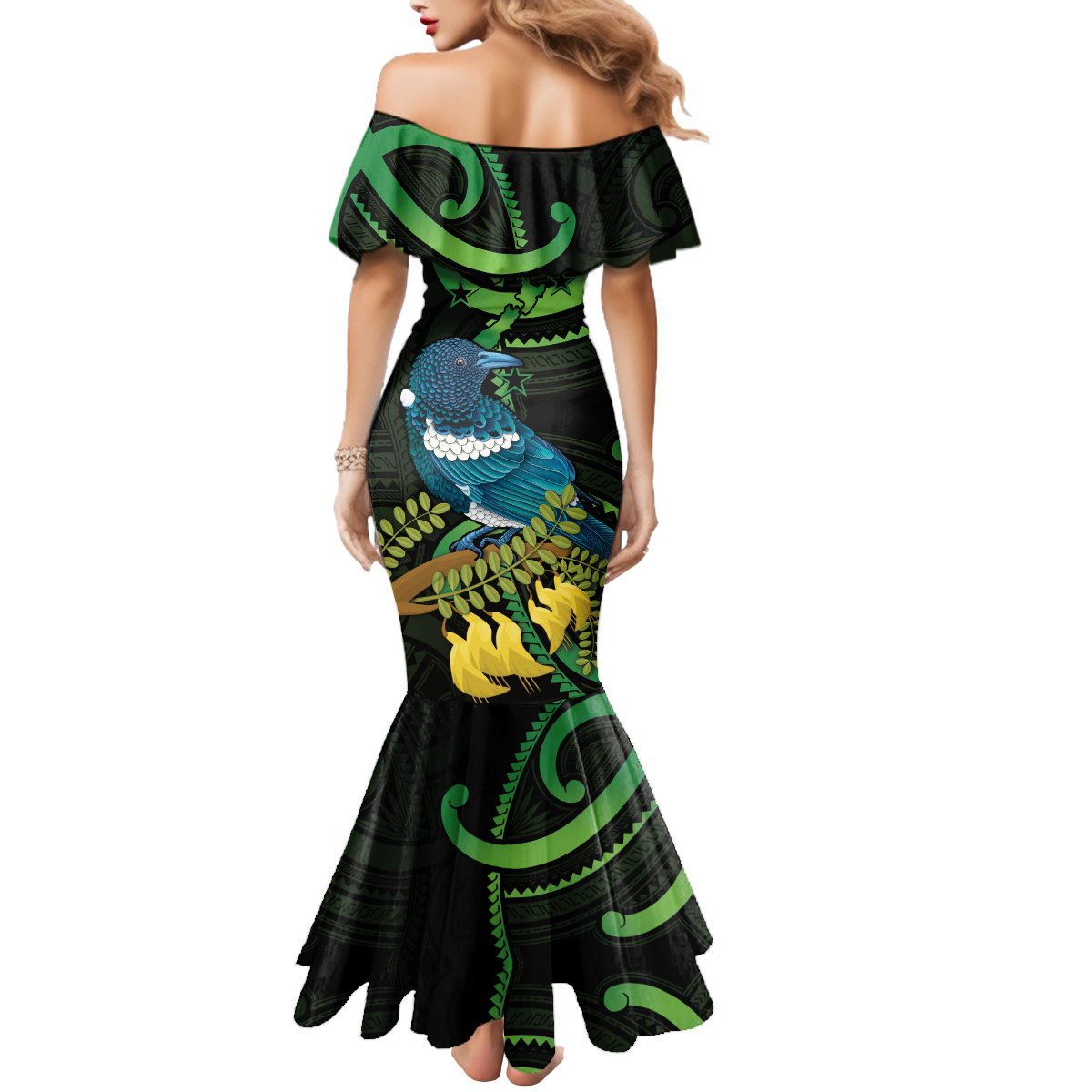 New Zealand Tui Bird Mermaid Dress Aotearoa Maori With Kowhai Flowers LT14 - Polynesian Pride