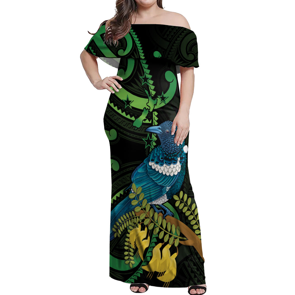 New Zealand Tui Bird Off Shoulder Maxi Dress Aotearoa Maori With Kowhai Flowers LT14 Women Black - Polynesian Pride