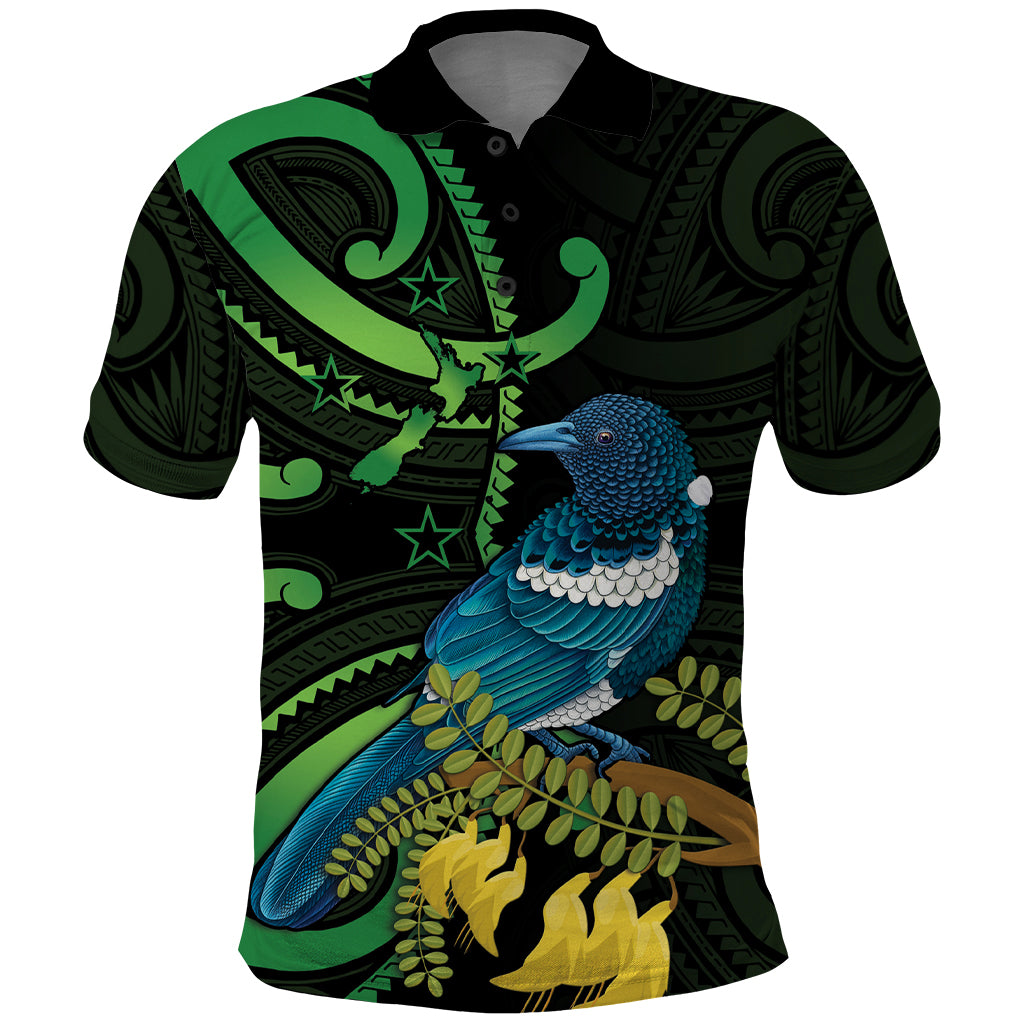 New Zealand Tui Bird Polo Shirt Aotearoa Maori With Kowhai Flowers LT14 Black - Polynesian Pride