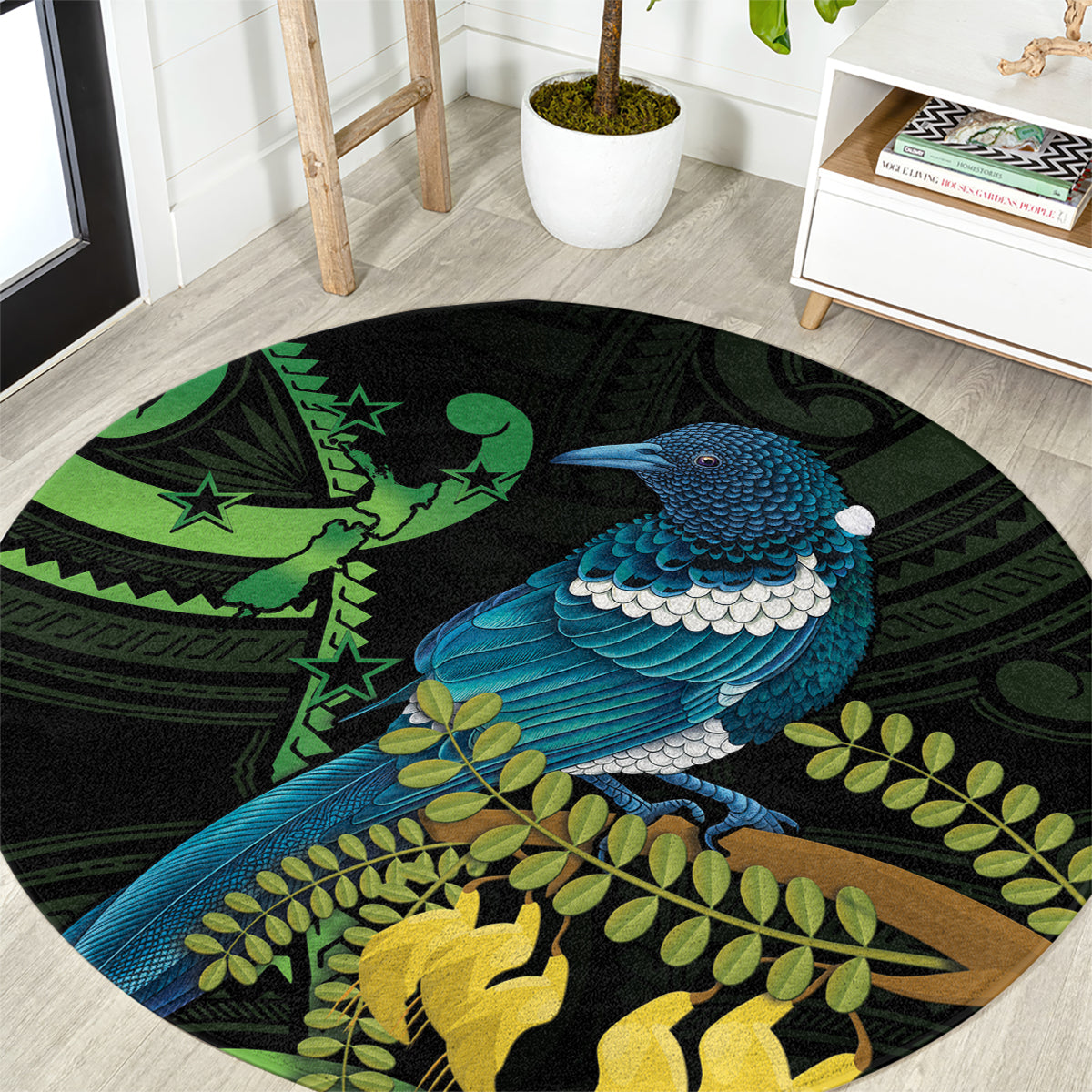New Zealand Tui Bird Round Carpet Aotearoa Maori With Kowhai Flowers LT14 Black - Polynesian Pride