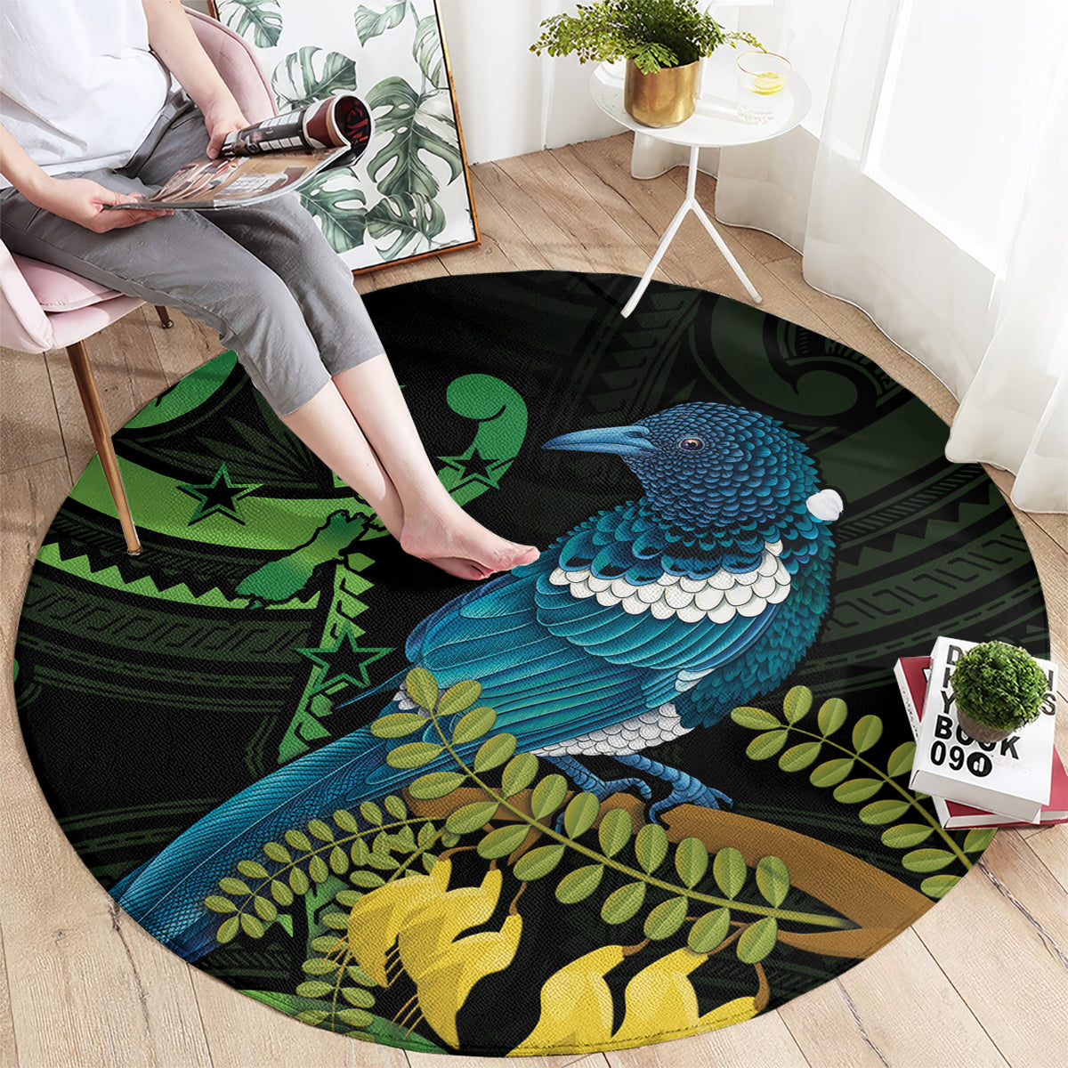 New Zealand Tui Bird Round Carpet Aotearoa Maori With Kowhai Flowers LT14 - Polynesian Pride