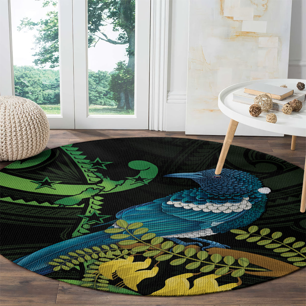 New Zealand Tui Bird Round Carpet Aotearoa Maori With Kowhai Flowers LT14 - Polynesian Pride
