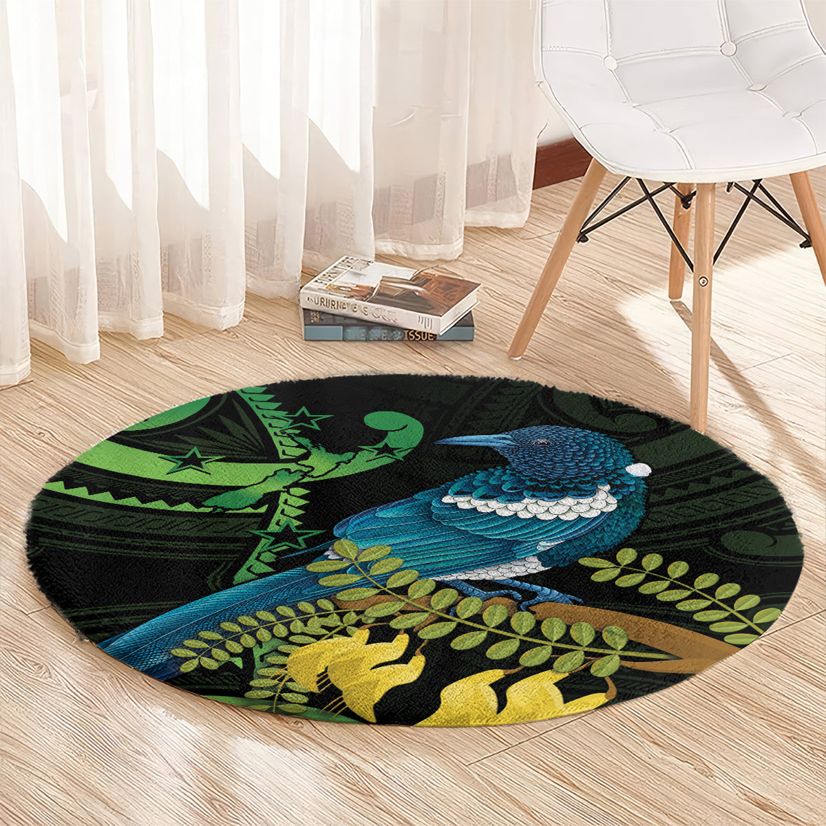 New Zealand Tui Bird Round Carpet Aotearoa Maori With Kowhai Flowers LT14 - Polynesian Pride