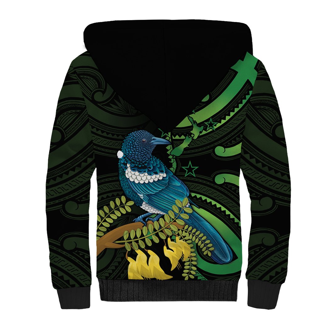 New Zealand Tui Bird Sherpa Hoodie Aotearoa Maori With Kowhai Flowers LT14 - Polynesian Pride